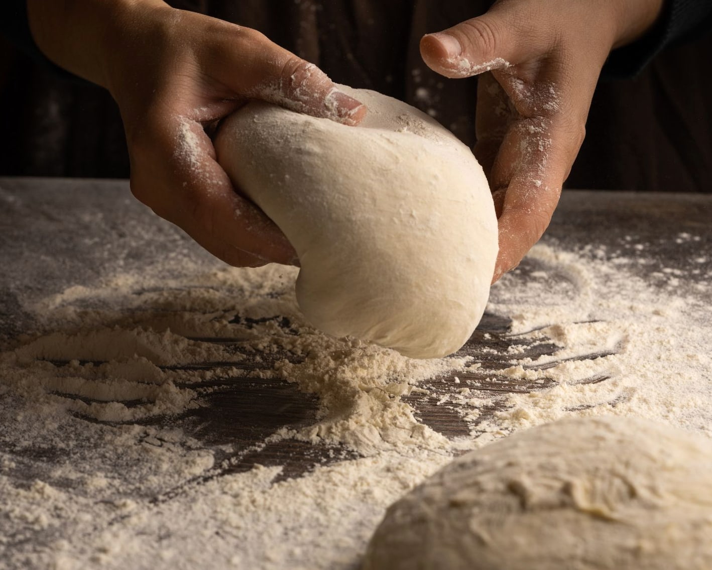 Massa de pão sobre bancada enfarinhada em preparo